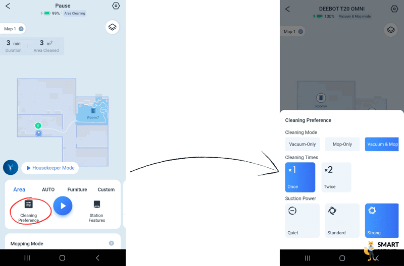 Die Saugkraft wird in der ECOVACS DEEBOT T20 OMNI Handy-App eingestellt.